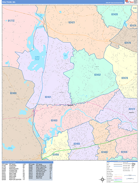 Waltham City Wall Map Color Cast Style