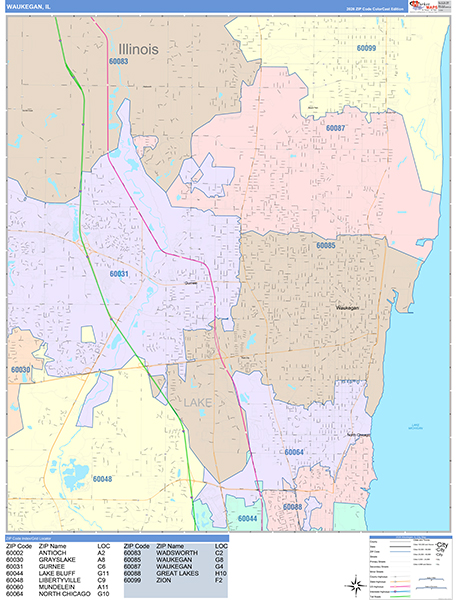 Waukegan City Wall Map Color Cast Style