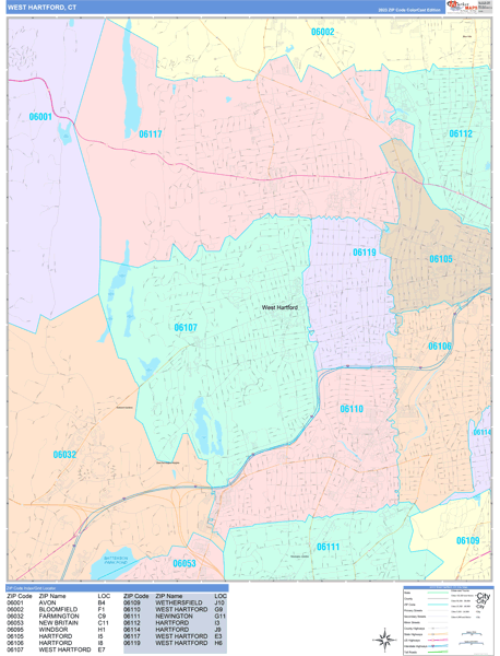 West Hartford, CT Zip Code Map - Color Cast