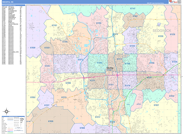 Wichita City Wall Map Color Cast Style
