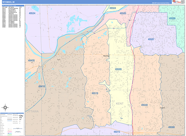 Wyoming City Wall Map Color Cast Style