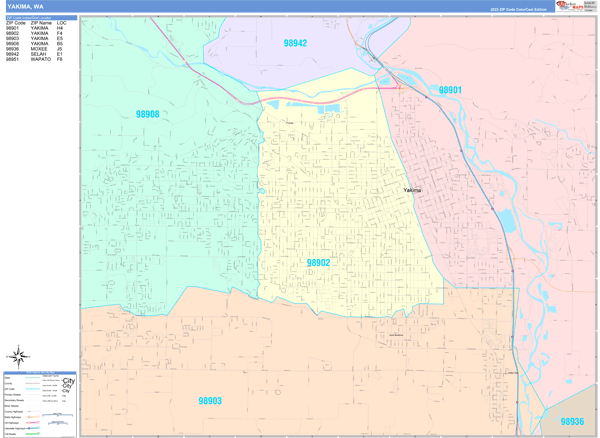 Yakima City Wall Map Color Cast Style
