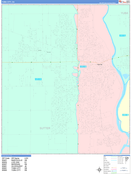 Yuba City, CA Zip Code Map - Color Cast