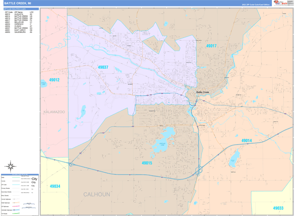 Battle Creek Michigan Wall Map (Color Cast Style) by MarketMAPS - MapSales