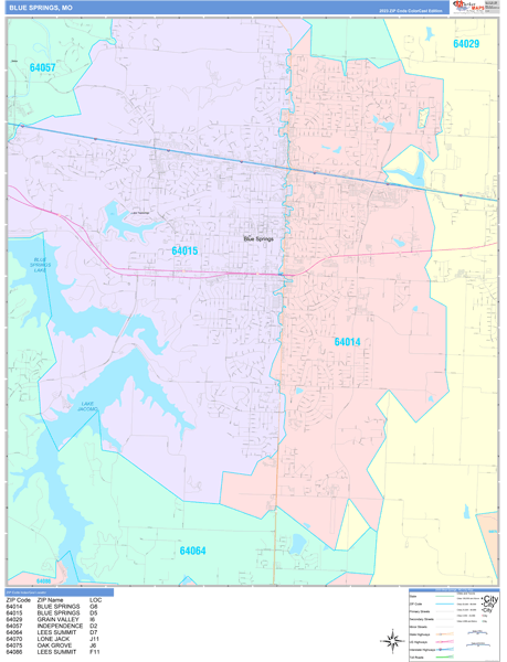 Blue Springs Missouri Wall Map (Color Cast Style) by MarketMAPS 