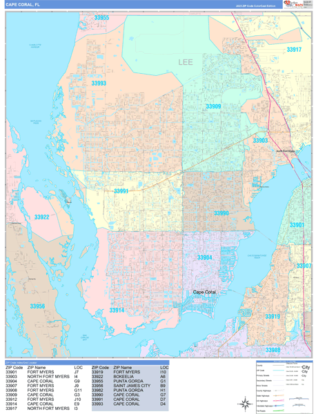 Cape Coral Florida Wall Map (Color Cast Style) by MarketMAPS - MapSales