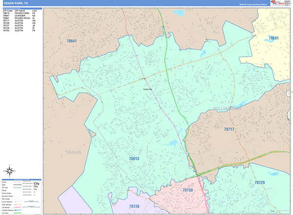 Cedar Park Texas Wall Map (Color Cast Style) by MarketMAPS - MapSales