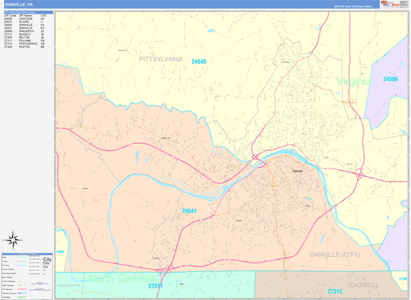 Danville Virginia Wall Map (Color Cast Style) by MarketMAPS - MapSales