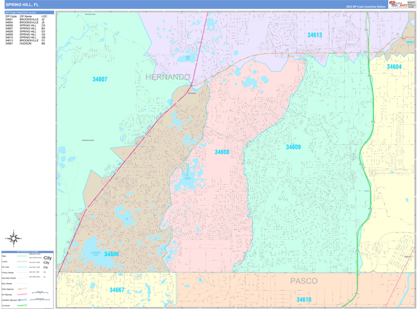 Spring Hill Florida Wall Map Color - Spring%20hill Fl