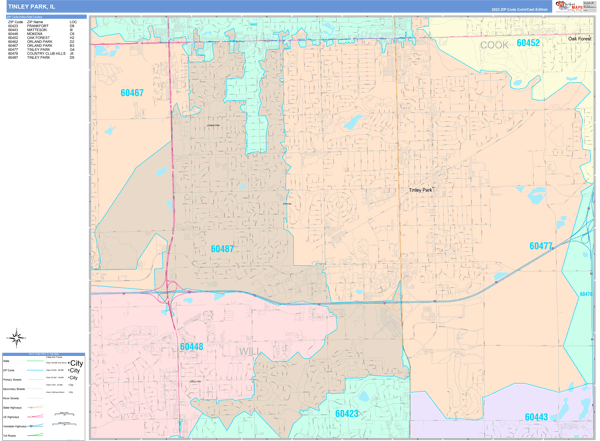 Tinley Park Illinois Wall Map (Color Cast Style) by MarketMAPS - MapSales