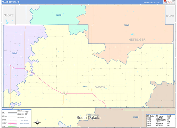 Adams County, ND Wall Map Color Cast Style