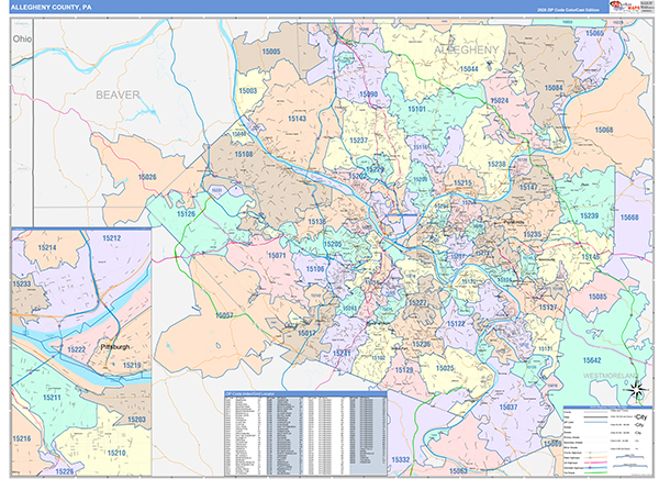 Allegheny County, PA Wall Map Color Cast Style