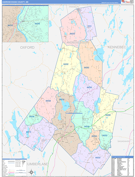Androscoggin County, ME Wall Map Color Cast Style