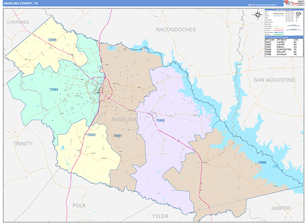 Angelina County, TX Zip Code Map