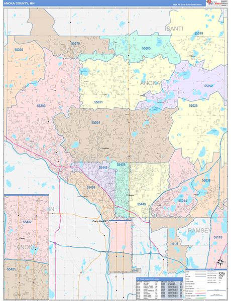Anoka County Wall Map Color Cast Style