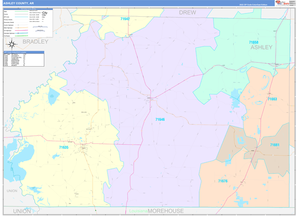 Ashley County, AR Zip Code Map