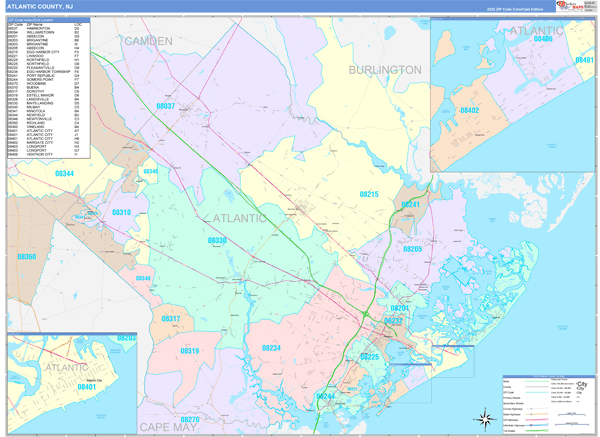 Atlantic County, NJ Wall Map Color Cast Style
