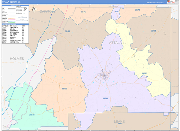 Attala County, MS Zip Code Map