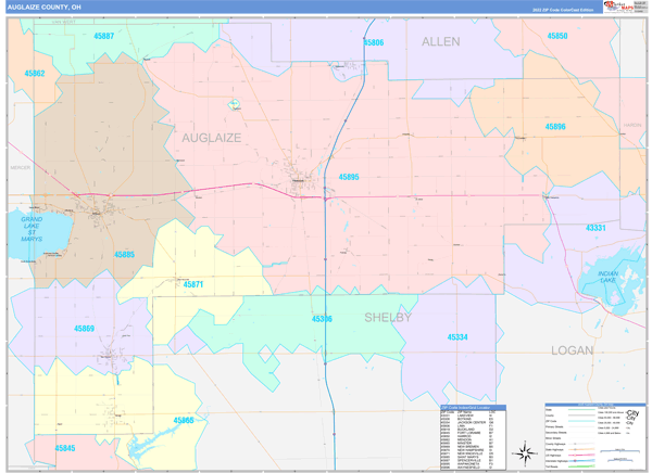 Auglaize County Wall Map Color Cast Style