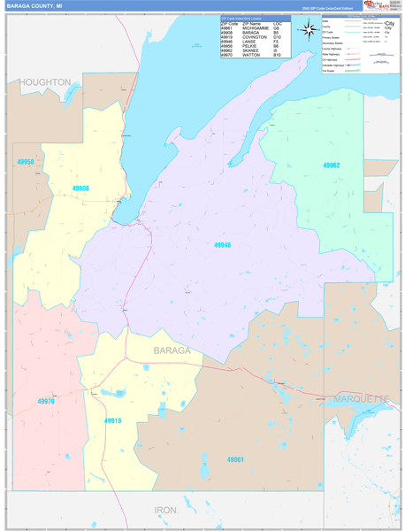 Baraga County Wall Map Color Cast Style