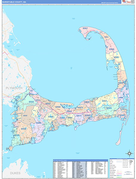 Barnstable County, MA Wall Map Color Cast Style