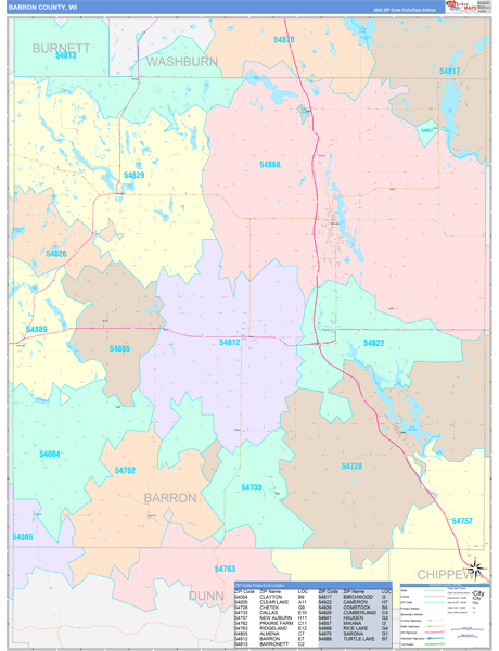 Barron County, WI Zip Code Map