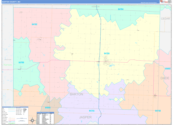 Barton County Wall Map Color Cast Style