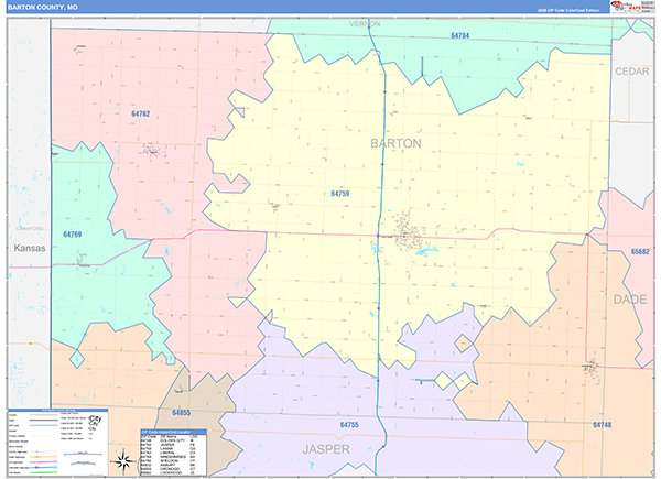 Barton County, MO Map Color Cast Style
