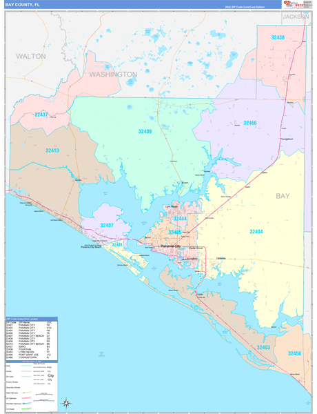 Bay County, FL Wall Map Color Cast Style
