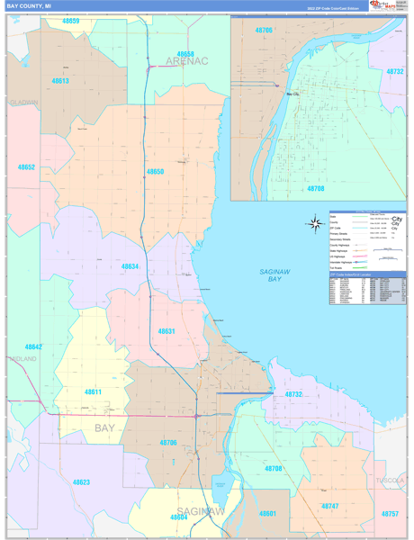 Bay County, MI Wall Map Color Cast Style
