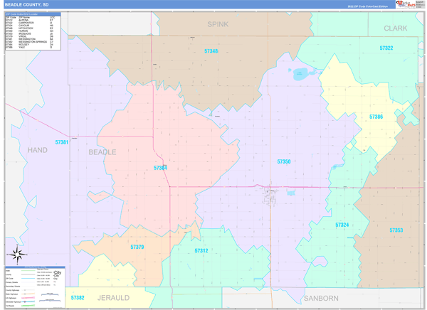 Beadle County, SD Wall Map Color Cast Style