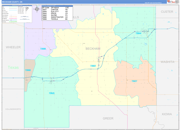 Beckham County, OK Wall Map Color Cast Style