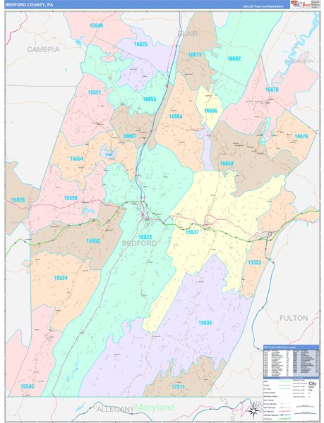 Bedford County, PA Wall Map Color Cast Style