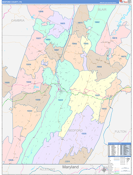 Bedford County, PA Wall Map Color Cast Style
