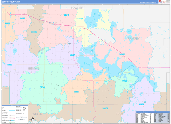 Benson County, ND Wall Map Color Cast Style