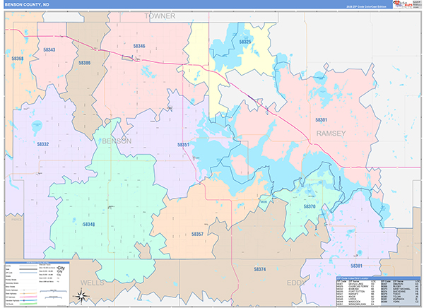 Benson County, ND Wall Map Color Cast Style