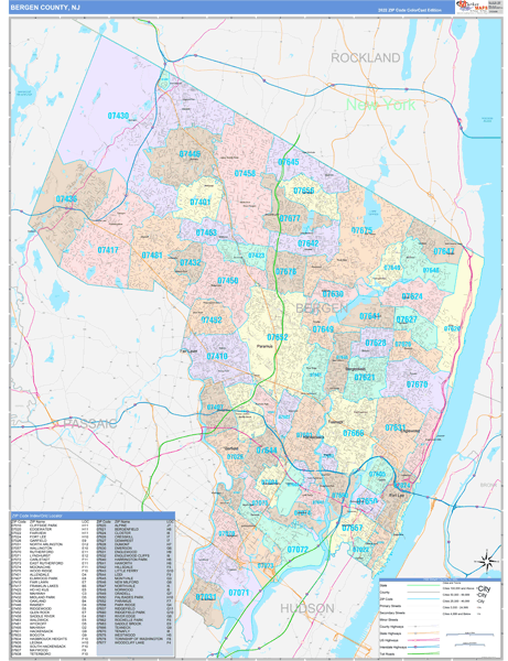 Bergen County Wall Map Color Cast Style