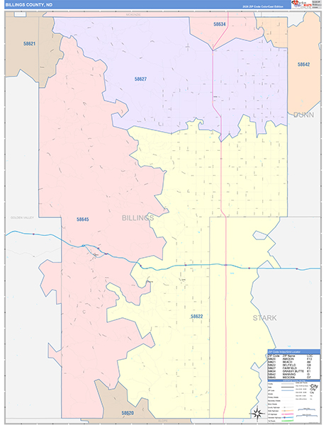 Billings County, ND Wall Map Color Cast Style