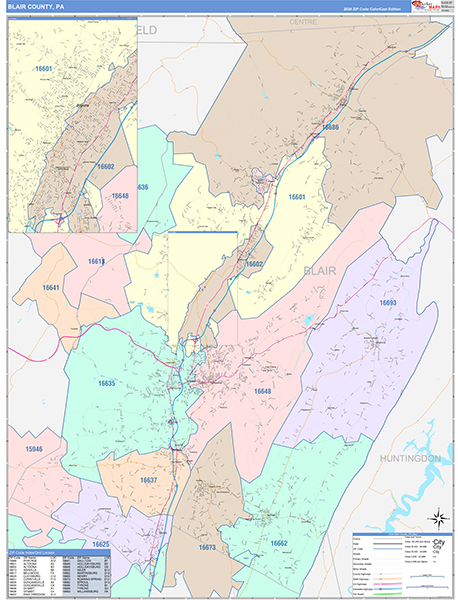 Blair County, PA Wall Map Color Cast Style