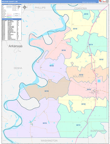 Bolivar County, MS Zip Code Map