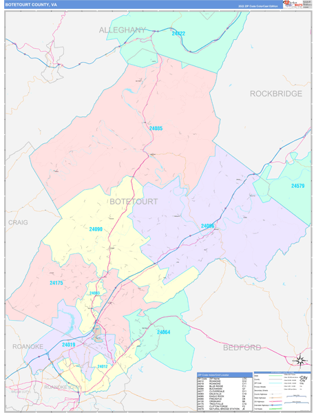 Botetourt County, VA Wall Map Color Cast Style