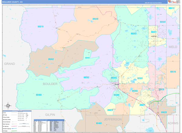 Boulder County Wall Map Color Cast Style