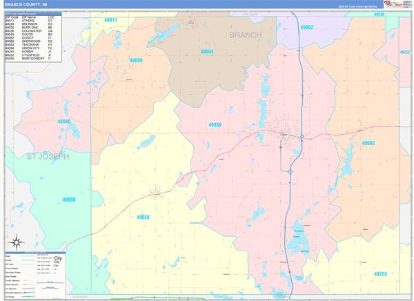 Branch County, MI Wall Map