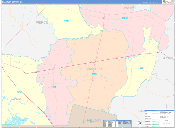 Brantley County Wall Map Color Cast Style