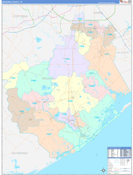 Brazoria County, TX Wall Map Color Cast Style