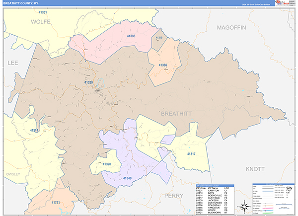 Breathitt County Wall Map Color Cast Style