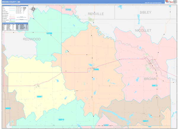 Brown County, MN Wall Map Color Cast Style