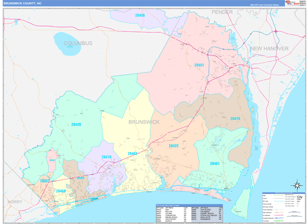 Brunswick County, NC Wall Map Color Cast Style