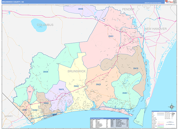 Brunswick County Wall Map Color Cast Style