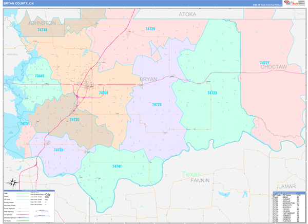 Bryan County, OK Wall Map Color Cast Style